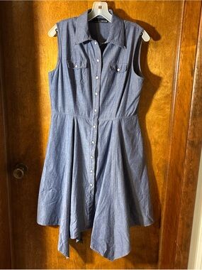 Chetta B Sz 8 Sleeveless Blue Cotton Pearl Button Shirt Dress Summer BeachBoho